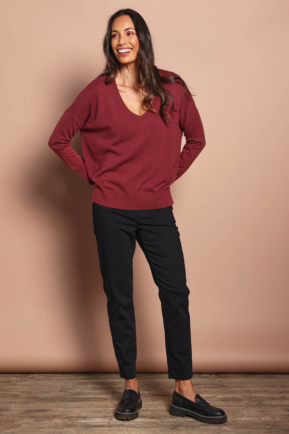Model Amanda wearing size 10 of The Cotton Pull On Stretch Comfort Pant in colour Black (Black), from the front, showing the whole outfit