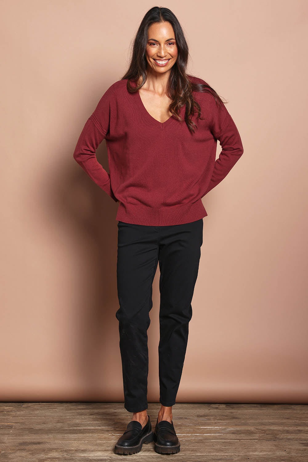 Model Amanda wearing size 10 of The Cotton Pull On Stretch Comfort Pant in colour Black (Black), from the front, showing the whole outfit