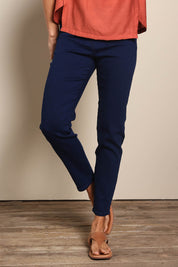 Model Amandam wearing size 10 of the The Cotton Pull On Stretch Comfort Pant – Indigo in colour Indigo, in a cropped view