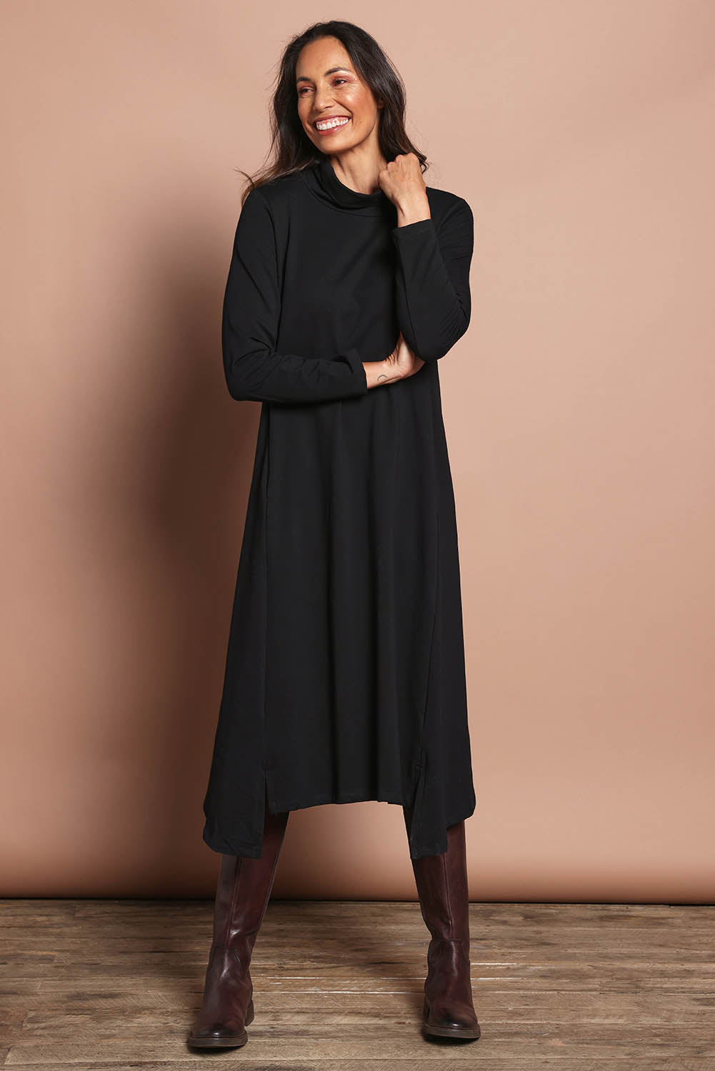 The Cotton Blend Cowl Neck Dress – Black