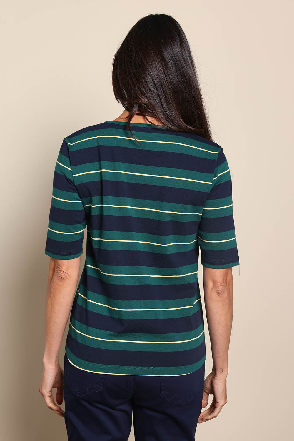 Model Amandam wearing size 10 of the The Classic Cotton Striped Tee – Navygreen in colour Navygreen, from the back