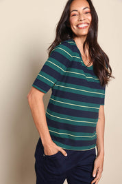 Model Amandam wearing size 10 of the The Classic Cotton Striped Tee – Navygreen in colour Navygreen, in a cropped view