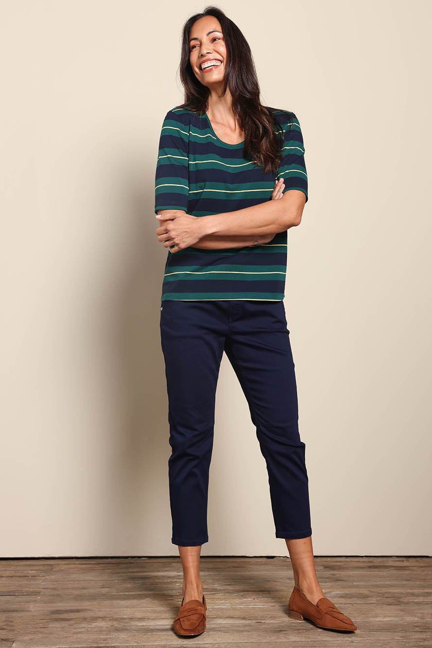 Model Amandam wearing size 10 of the The Classic Cotton Striped Tee – Navygreen in colour Navygreen, from the front