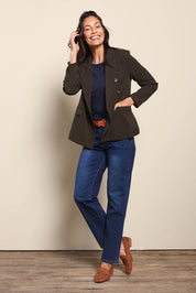 Model Amandam wearing size 10 of the The Classic Double Breasted Blazer – Olive in colour Olive, from the front