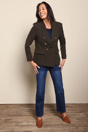 Model Amandam wearing size 10 of the The Classic Double Breasted Blazer – Olive in colour Olive, from the front
