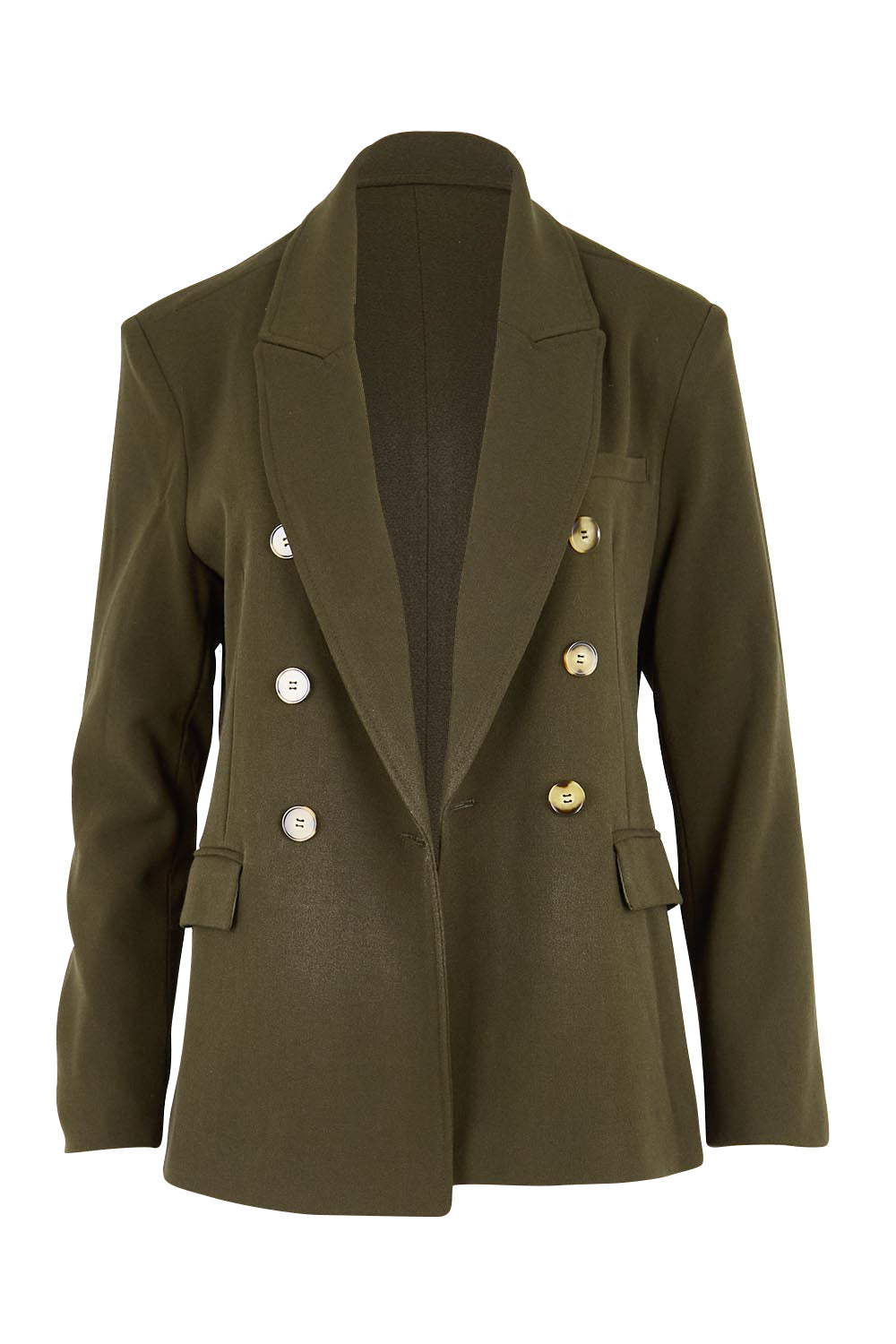 Product shot of the The Classic Double Breasted Blazer – Olive in colour Olive, from the front