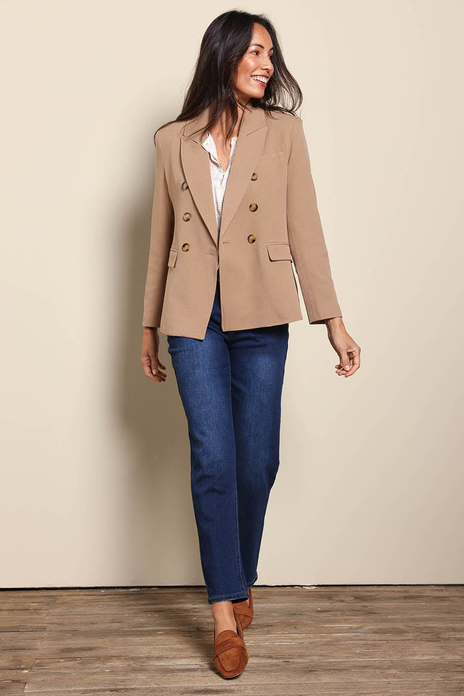 Model Amandam wearing size 10 of the The Classic Double Breasted Blazer – Tan in colour Tan, from the front