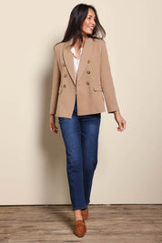 Model Amandam wearing size 10 of the The Classic Double Breasted Blazer – Tan in colour Tan, from the front