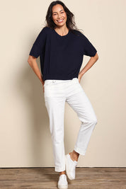Model Amandam wearing size 10 of the The Essential Knit Tee – Darklapis in colour Darklapis, from the front