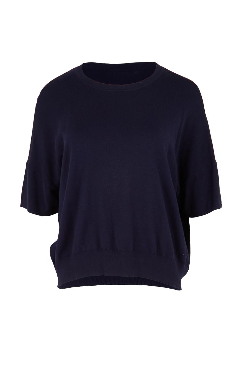 Product shot of the The Essential Knit Tee – Darklapis in colour Darklapis, from the front