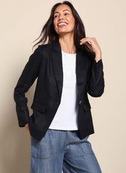 Model Amandam wearing size 10 of the The Classic Every Wear Blazer – Black in colour Black, from an angle