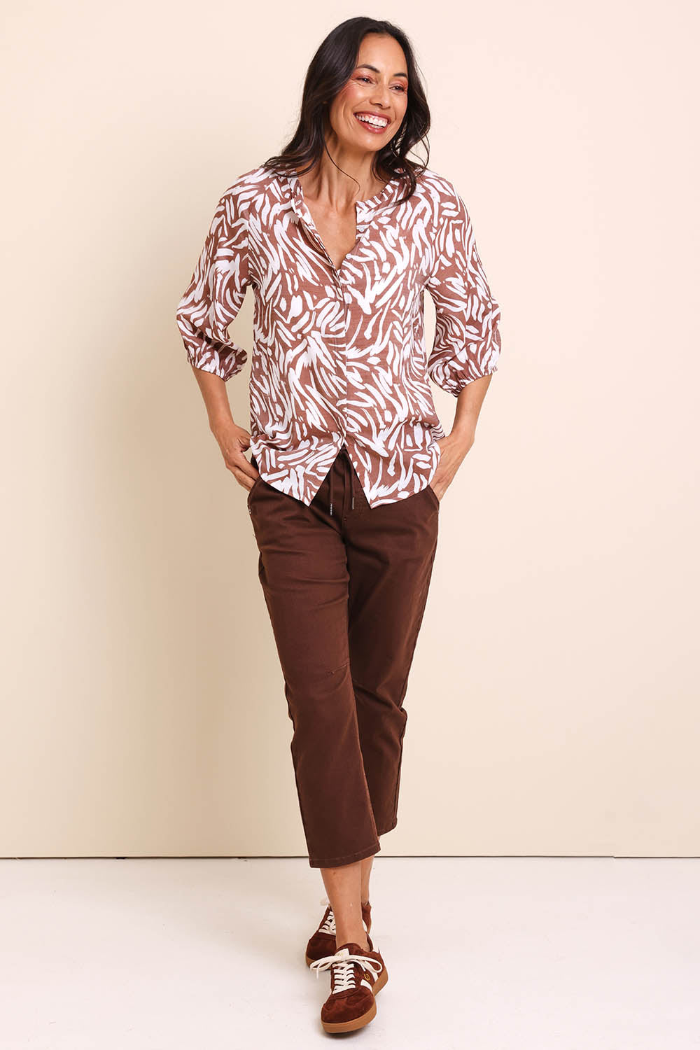Model Amandam wearing size 10 of the The Every Wear Shirt  - Rustivory in colour Rustivory, from the front