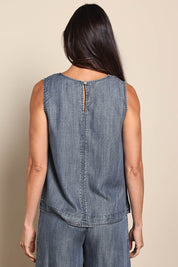 Model Amandam wearing size 10 of the The Luxe Lyocell Tank – Indigo in colour Indigo, from the back