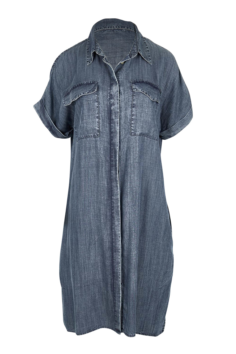 Product shot of the The Luxe Lyocell Shacket Dress – Indigo in colour Indigo, from the front
