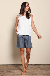 Model Amandam wearing size 10 of the The Luxe Lyocell Pull On Shorts – Indigo in colour Indigo, from the front