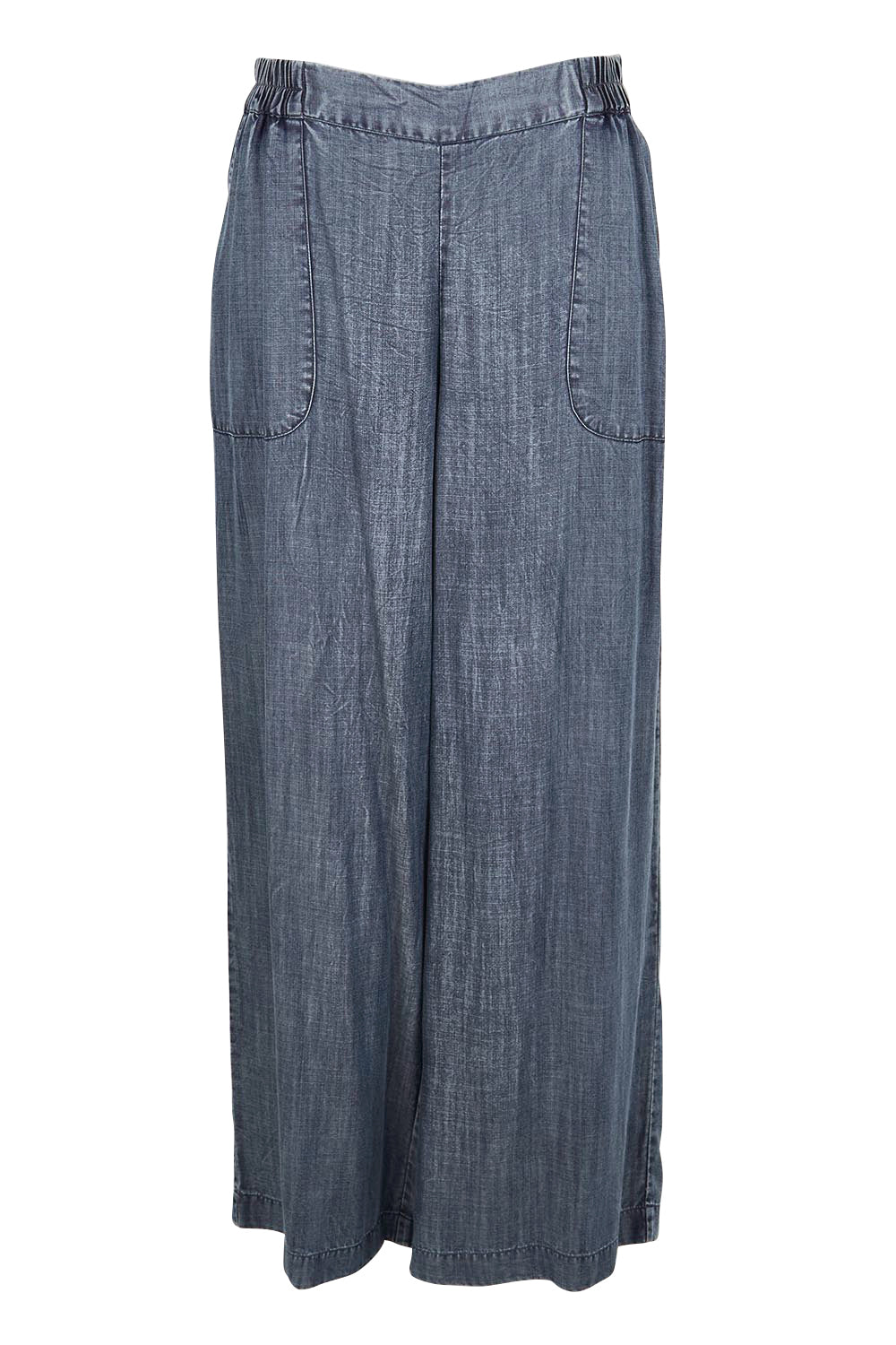 Product shot of the The Luxe Lyocell Pull On Wide Leg Pant – Indigo in colour Indigo, from the front