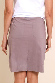 Model Amandam wearing size 10 of the The Lightweight Cotton Blend Stretch Skirt – Coffee in colour Coffee, from the back