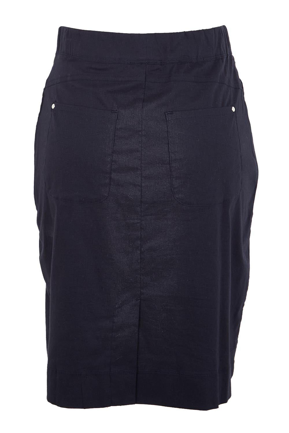 Product shot of the The Lightweight Cotton Blend Stretch Skirt – Navy in colour Navy, from the back
