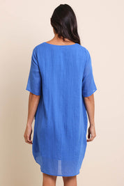 Model Amandam wearing size 10 of the The Summer Cotton Shift Dress With Pockets – Skyblue in colour Skyblue, from the back