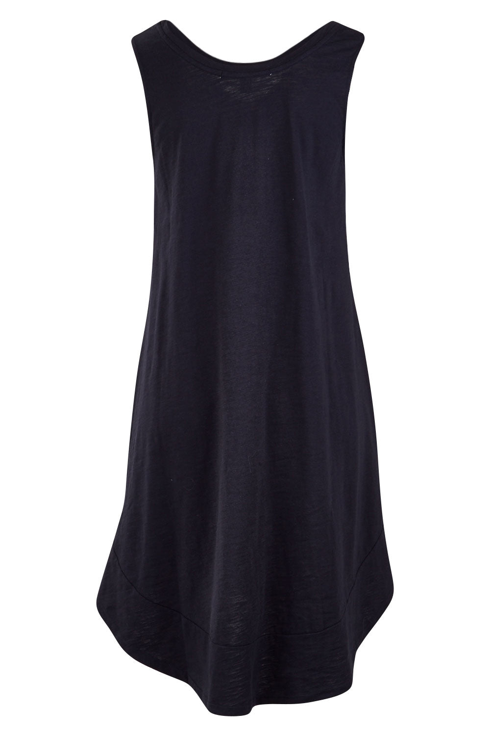Product shot of The Sleeveless Swing Dress in colour WashBlack (Black), from the back