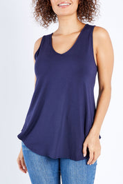 Model Lala wearing size 10 of The Bamboo Tank in colour DarkNavy (Blue), from the front, cropped image