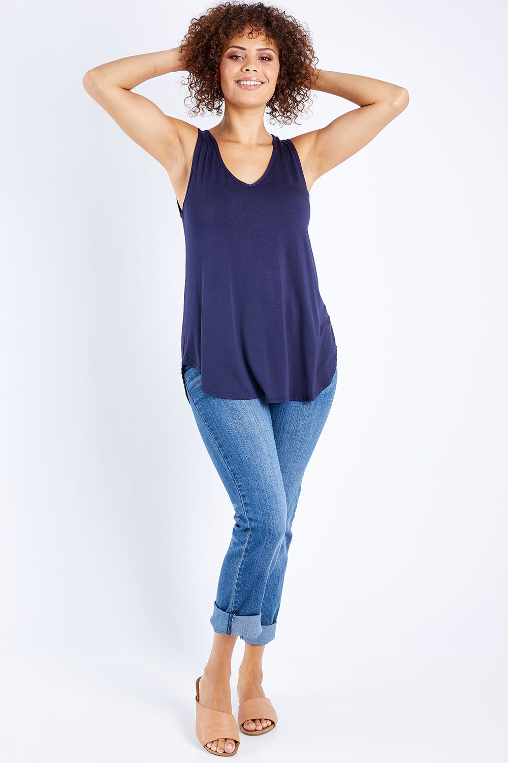 Model Lala wearing size 10 of The Bamboo Tank in colour DarkNavy (Blue), from the front, showing the whole outfit