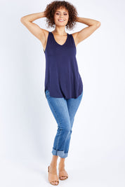 Model Lala wearing size 10 of The Bamboo Tank in colour DarkNavy (Blue), from the front, showing the whole outfit