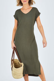 Model Chelsea wearing size 10 of The Mid Length Tee Dress in colour Khaki (Green), from the front, cropped image