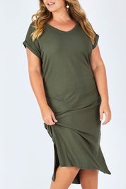 Model Fiona wearing size 16 of The Mid Length Tee Dress in colour Khaki (Green), from the front, cropped image