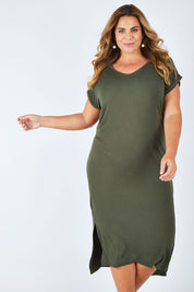 Model Fiona wearing size 16 of The Mid Length Tee Dress in colour Khaki (Green), from the front, cropped image
