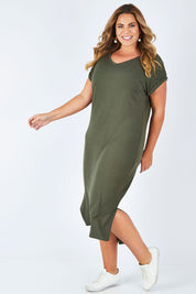 Model Fiona wearing size 16 of The Mid Length Tee Dress in colour Khaki (Green), from the front, showing the whole outfit
