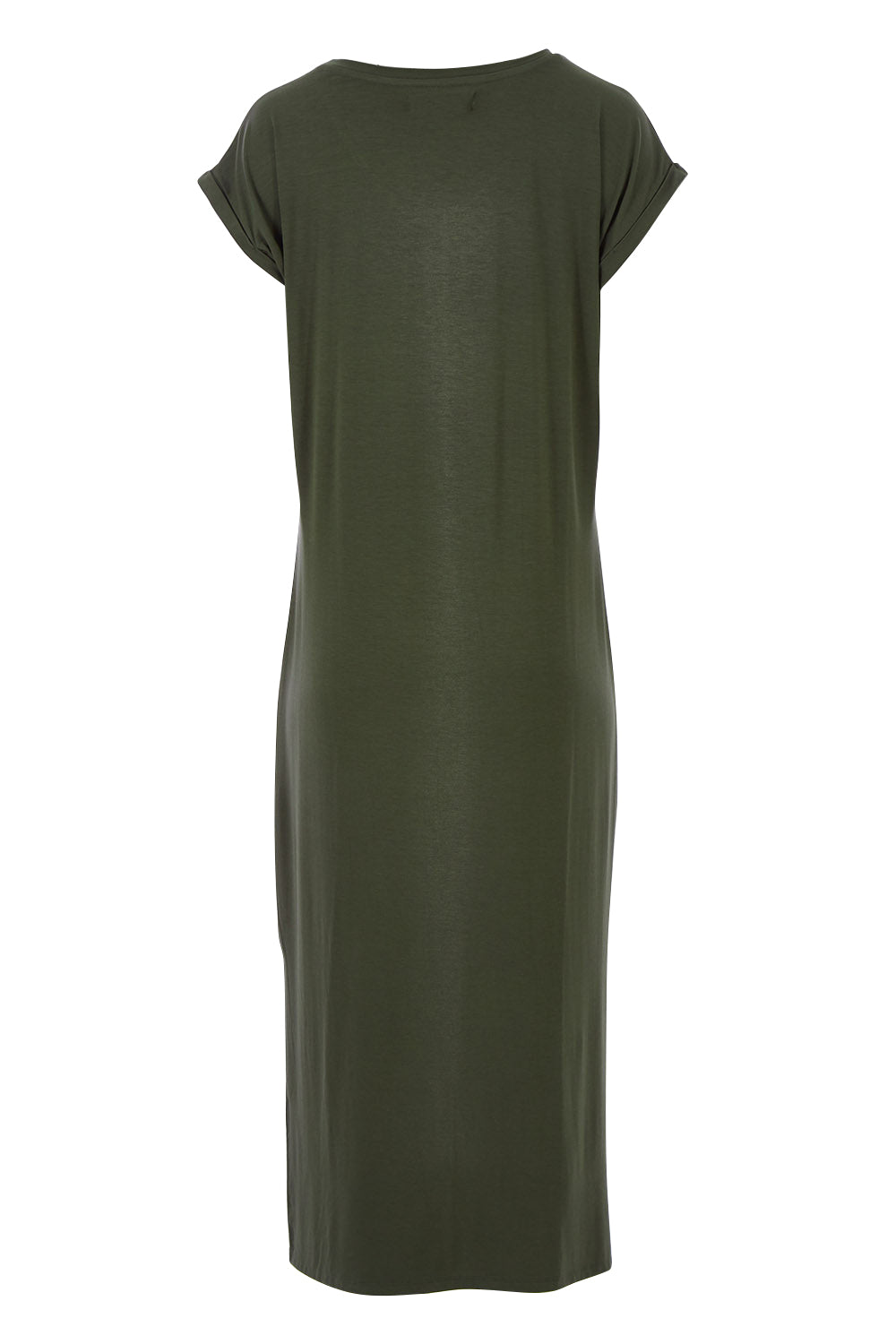 Product shot of The Mid Length Tee Dress in colour Khaki (Green), from the back