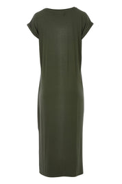Product shot of The Mid Length Tee Dress in colour Khaki (Green), from the back