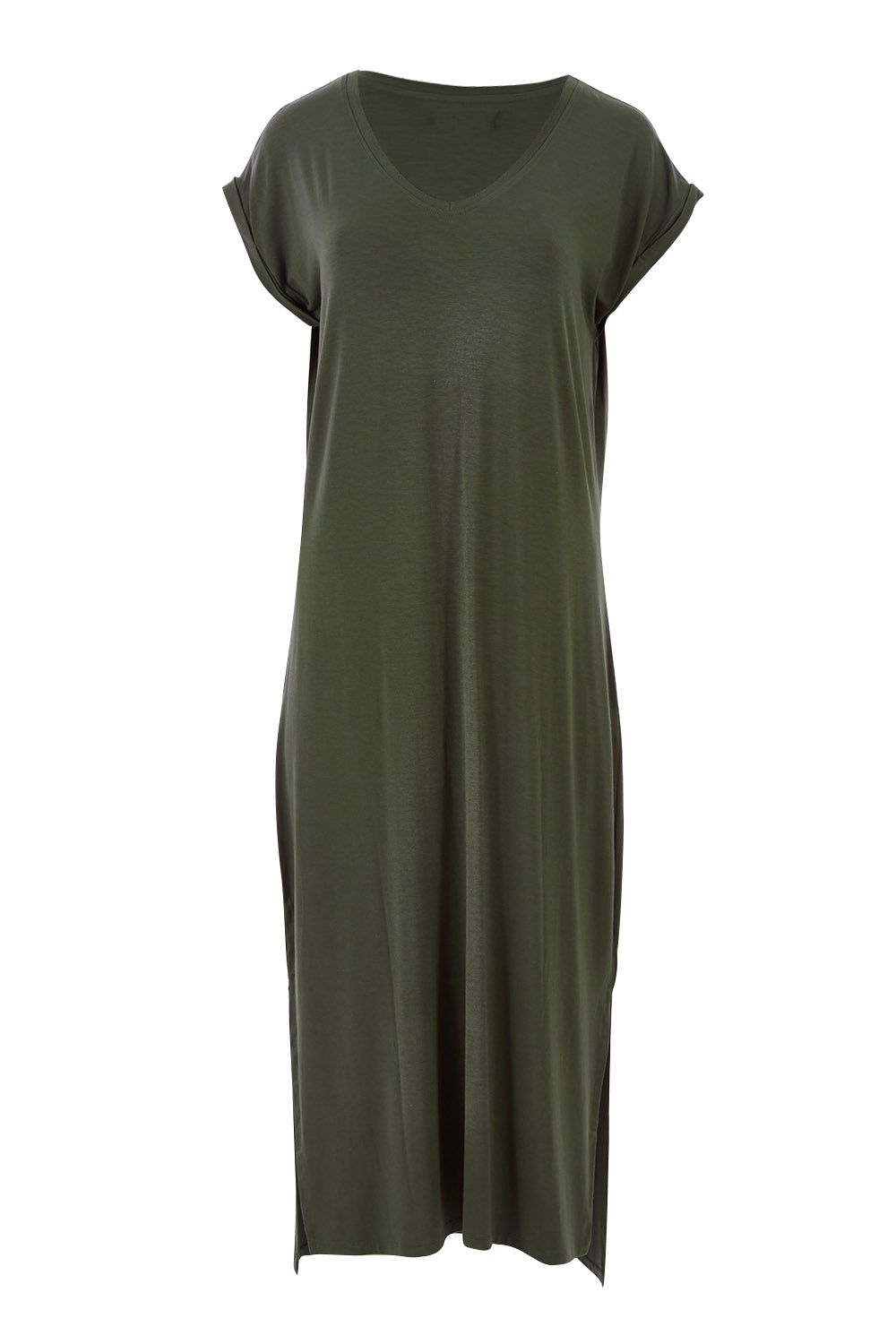 Product shot of The Mid Length Tee Dress in colour Khaki (Green), from the front