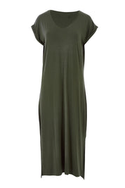 Product shot of The Mid Length Tee Dress in colour Khaki (Green), from the front