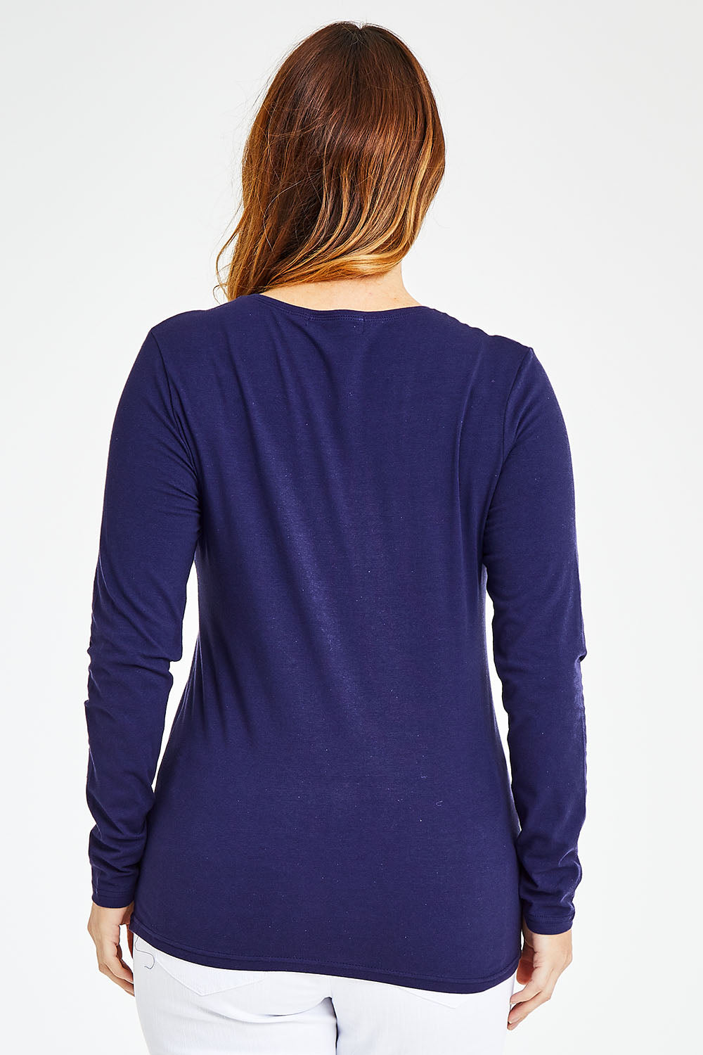 Model Laura wearing size 14 of The Long Sleeve Scoop Neck Tee in colour IndigoBlue (Blue), from the back