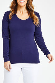 Model Laura wearing size 14 of The Long Sleeve Scoop Neck Tee in colour IndigoBlue (Blue), from the front, cropped image