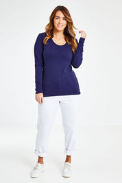 Model Laura wearing size 14 of The Long Sleeve Scoop Neck Tee in colour IndigoBlue (Blue), from the front, showing the whole outfit