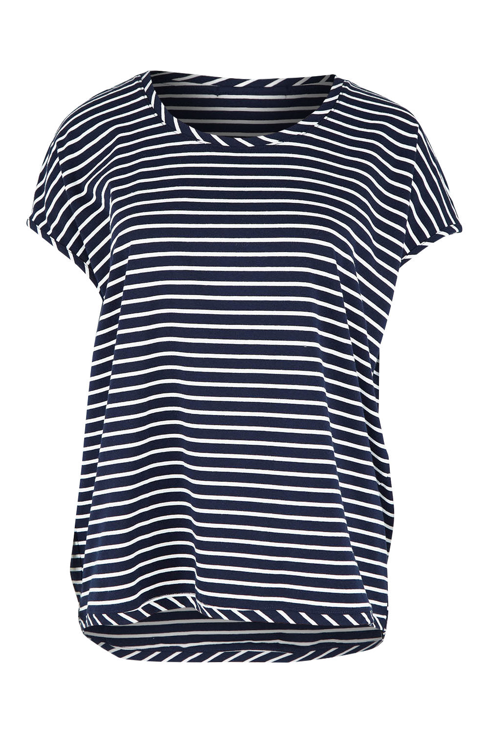 Product shot of The Striped Drape Tee in colour Navywhite (Blue), from the front