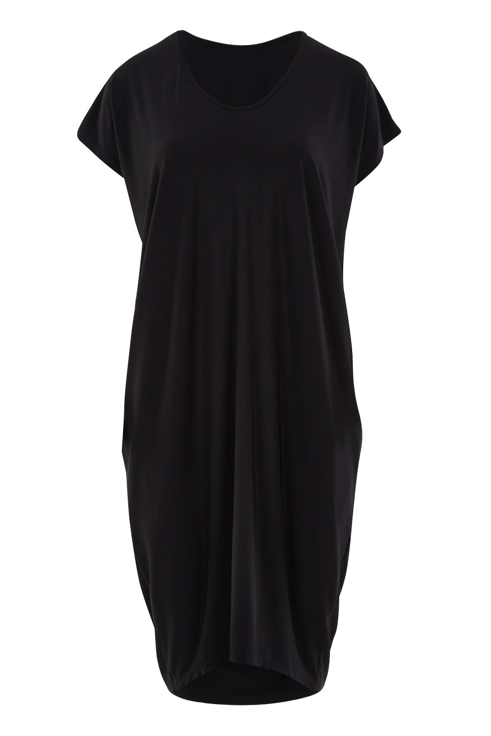 Product shot of The Drape Jersey Dress in colour Black (Black), from the front