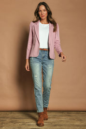 Model Madeline wearing size 10 of The Ponte Blazer in colour Dustypink (Pink), from the front, showing the whole outfit