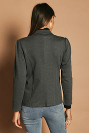 Model Madeline wearing size 10 of The Ponte Blazer in colour GreyMarle (Grey), from the back