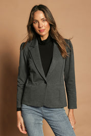 Model Madeline wearing size 10 of The Ponte Blazer in colour GreyMarle (Grey), from the front, showing the whole outfit