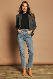 Model Madeline wearing size 10 of The Ponte Blazer in colour GreyMarle (Grey), from the front, showing the whole outfit