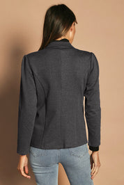 Model Madelinec wearing size 10 of the The Ponte Blazer - GreyMarle in colour GreyMarle, from the back