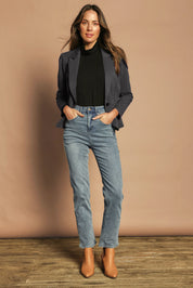 Model Madelinec wearing size 10 of the The Ponte Blazer - GreyMarle in colour GreyMarle, from the front