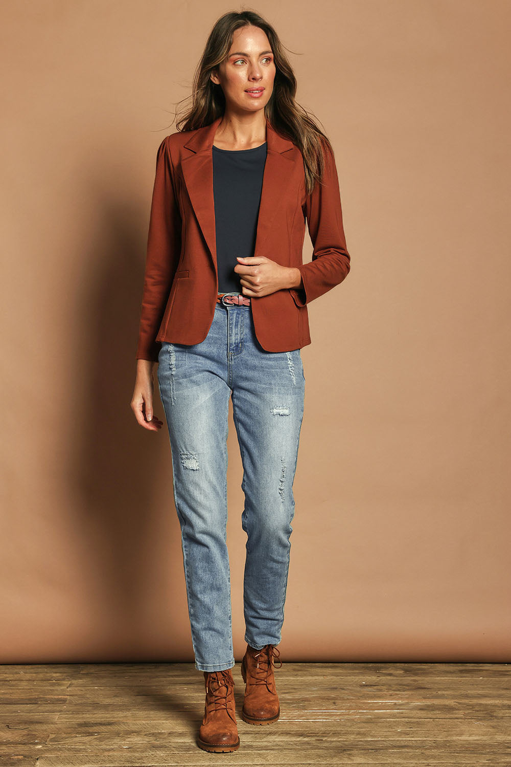 Model Madeline wearing size 10 of The Ponte Blazer in colour Ochre, from the front, showing the whole outfit