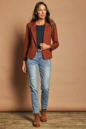 Model Madeline wearing size 10 of The Ponte Blazer in colour Ochre, from the front, showing the whole outfit