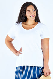 Model Lauren wearing size 18 of The Round Neck Bamboo Tee in colour White (White), from the front, cropped image