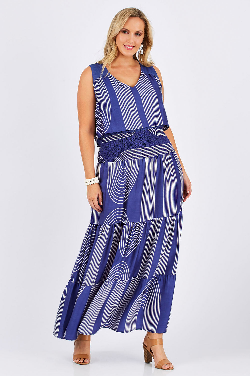 Model Jess wearing size 12 of The Curve Striped Maxi Dress in colour Marine (Blue), from the front, showing the whole outfit